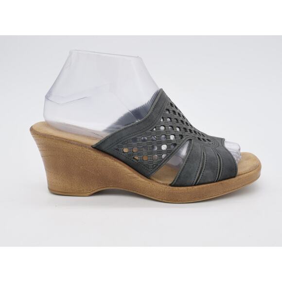 Spring Step Sandals Women 8.5 Black Leather Perforated Platform Wedge Heel Slide - Picture 4 of 10